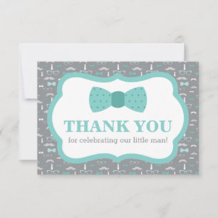 Little Man Thank You Card, Bow Tie, Turqoise, Grey Card