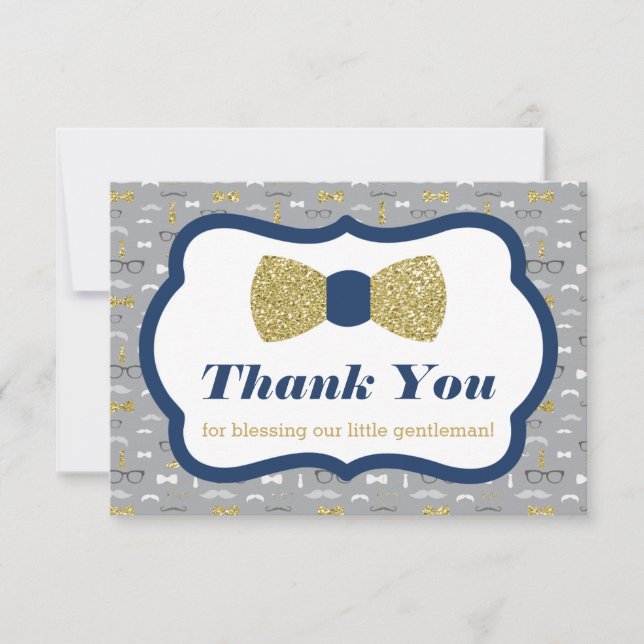 Little Man Thank You Card, Navy, Faux Glitter (Front)