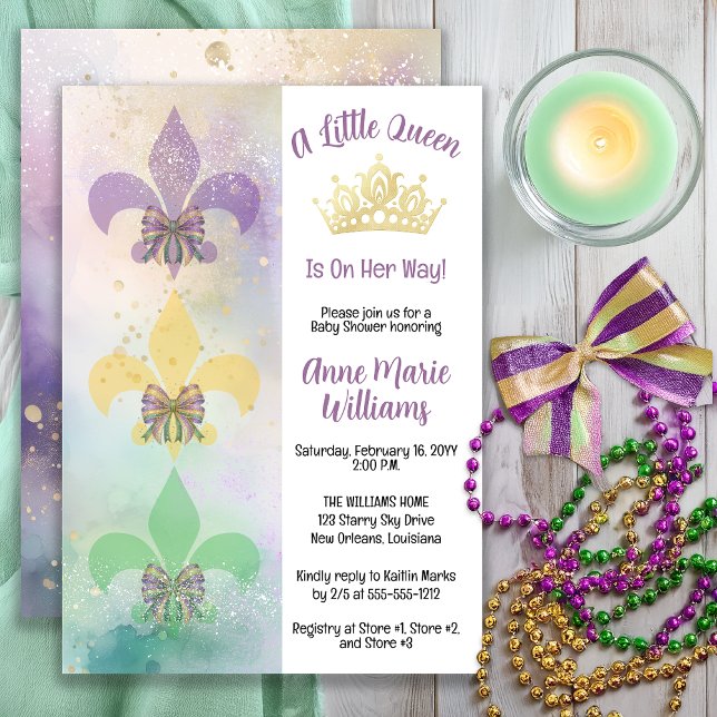 Little Mardi Gras Queen Fleur de Lis Baby Shower Invitation (Little Mardi Gras Queen Baby Shower Invitation with Crown & Fleur-de-Lis -- Print | Digital)