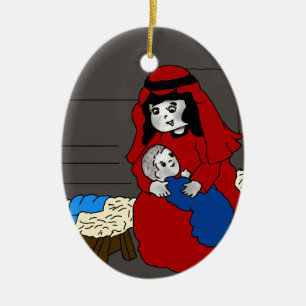 Little Mary and Baby Jesus in Red Ceramic Ornament