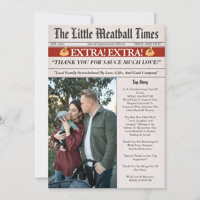 Little Meatball Newspaper Baby Shower Photo Thank You Card (Front)