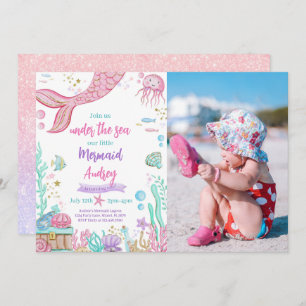 Little Mermaid 1st Birthday Photo Invitation