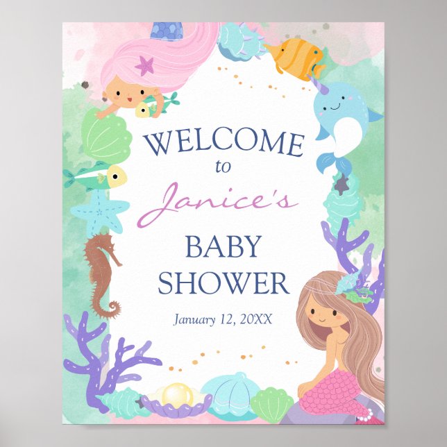 Little Mermaid Baby Shower Welcome Sign Poster (Front)
