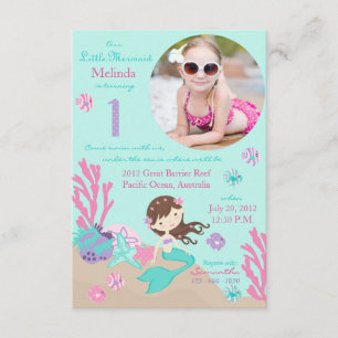 Little Mermaid Birthday Invitation Lt. Brunette 1