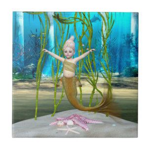 Little Mermaid Cute Fantasy Girl, Blue Ocean Ceramic Tile