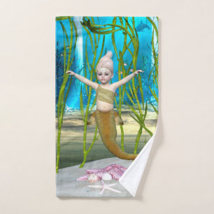 Little Mermaid Cute Fantasy Girl, Blue Ocean Hand Towel