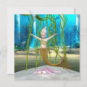 Little Mermaid Cute Fantasy Girl, Blue Ocean Holiday Card