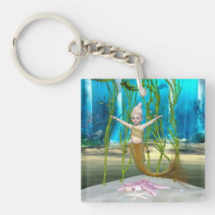 Little Mermaid Cute Fantasy Girl, Blue Ocean Key Ring