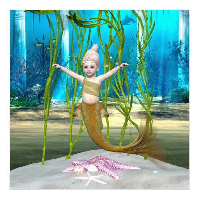 Little Mermaid Cute Fantasy Girl, Blue Ocean Photo Print (Front)