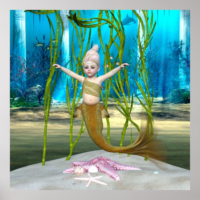 Little Mermaid Cute Fantasy Girl, Blue Ocean Poster (Front)