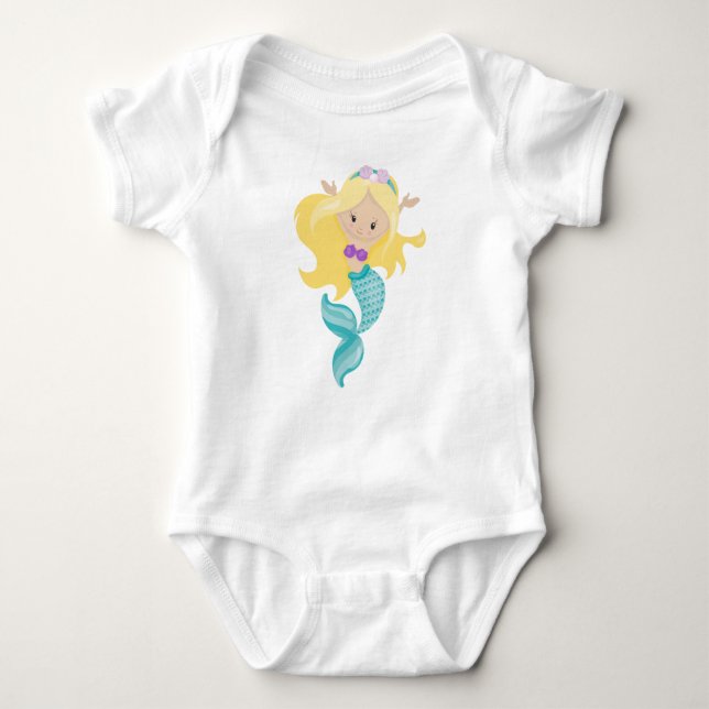 Little Mermaid, Cute Mermaid, Blonde Hair, Shells Baby Bodysuit (Front)