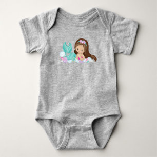 Little Mermaid, Cute Mermaid, Shells, Brown Hair Baby Bodysuit