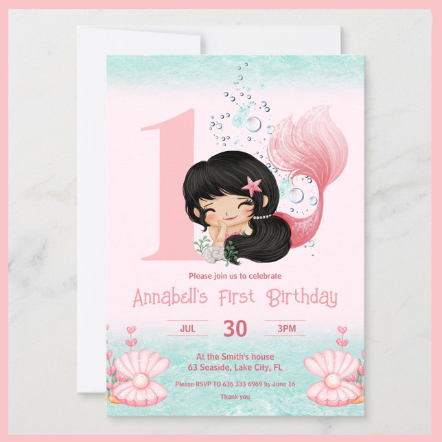 Little Mermaid Dark Hair Pink 1st Birthday Invitation (Creator Uploaded)