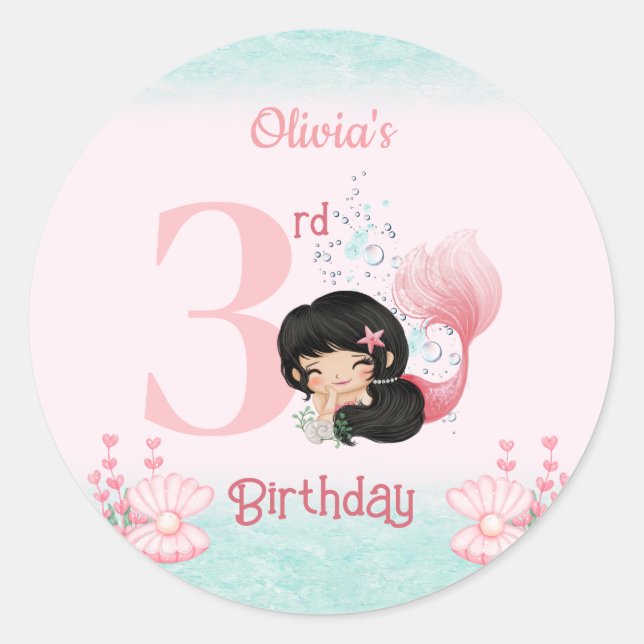 Little Mermaid Dark Hair Pink Birthday Classic Round Sticker (Front)