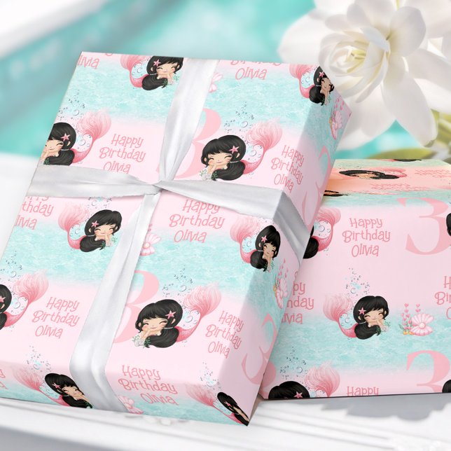 Little Mermaid Dark Hair Pink Girl  Wrapping Paper (Little Mermaid Dark Hair Pink Girl Wrapping Paper)