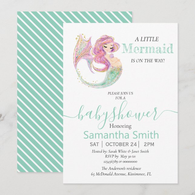 LITTLE MERMAID GREEN Baby Shower Invitation (Front/Back)