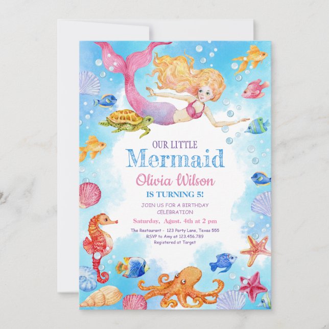 Little mermaid invitation to children's birthday (Front)