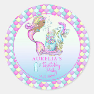 Little Mermaid of Color - Girl 1st Birthday Party Classic Round Sticker