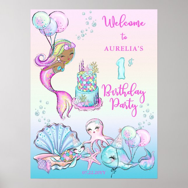 Little Mermaid of Colour - Girl 1st Birthday Party Poster (Front)
