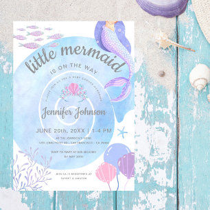 Little Mermaid On The Way Watercolor Baby Shower Invitation