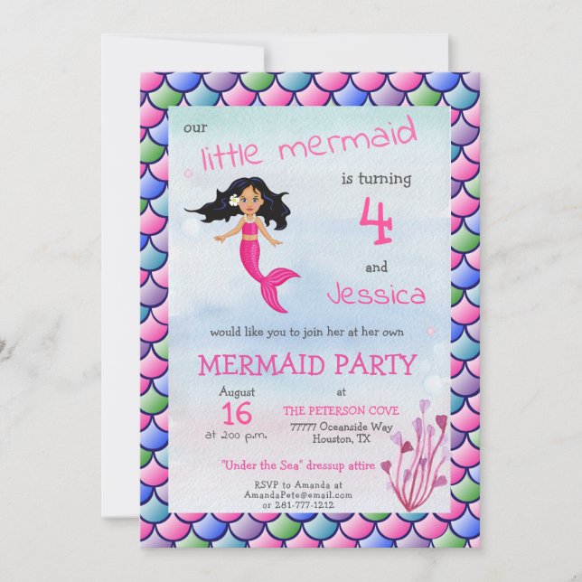 Little Mermaid Pink Blue Birthday Party Invitation (Front)