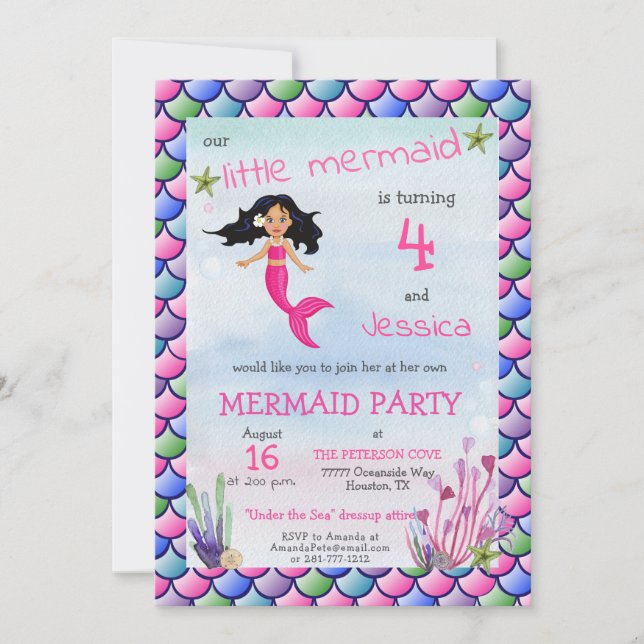 Little Mermaid Pink Blue Birthday Party Invitation (Front)