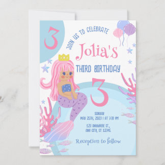 Little Mermaid pink hair Pink 3rd Birthday Invitat Invitation