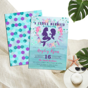 Little Mermaid Purple Teal Floral Baby Shower Invitation