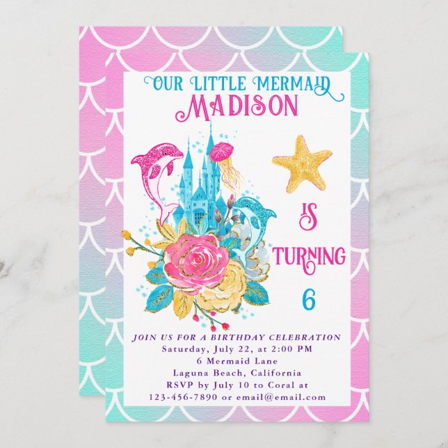 Little Mermaid Scale Pink Turquoise White Birthday Invitation (Front/Back)