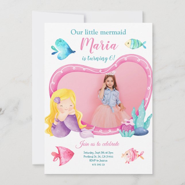 Little Mermaid Sea Fish Photo Birthday Invitation  (Front)