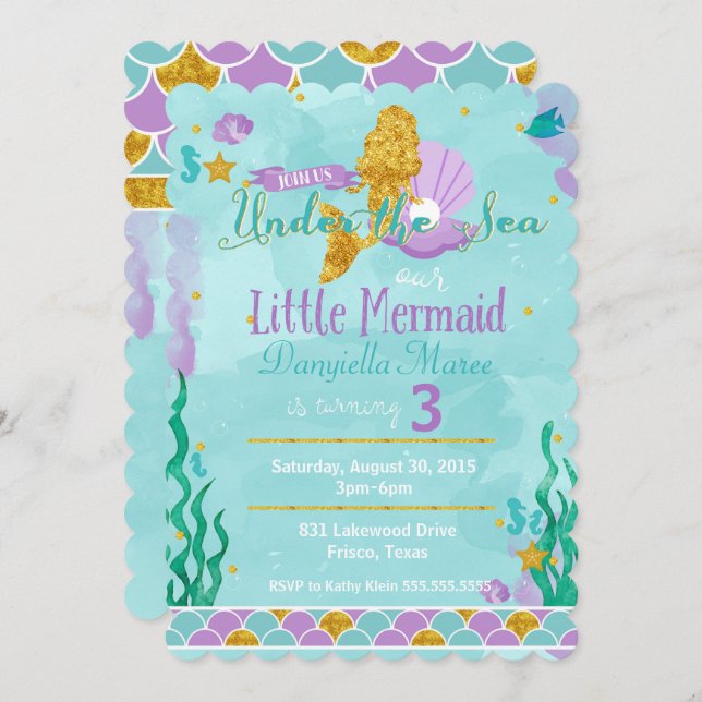 Little Mermaid Under the Sea Kids Birthday Invite (Front/Back)