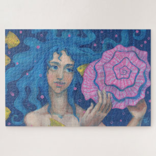 Little Mermaid, Underwater Fantasy Art, Pink Blue Jigsaw Puzzle