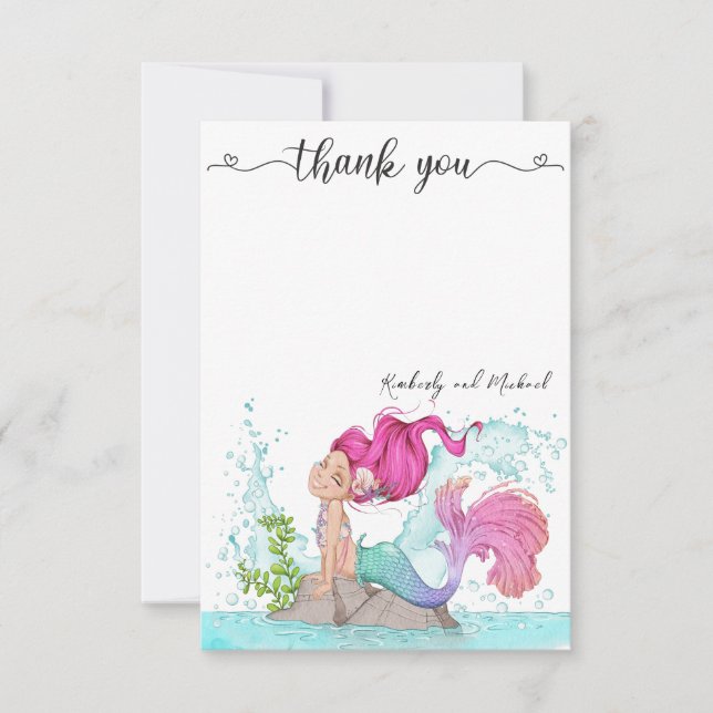 Little Mermaid Watercolor Birthday Baby Shower Thank You Card (Front)