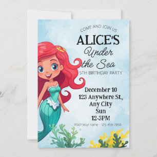 Little Mermaid Watercolor Birthday Invitation