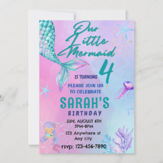 Little Mermaid, Watercolor Birthday Party Invitation