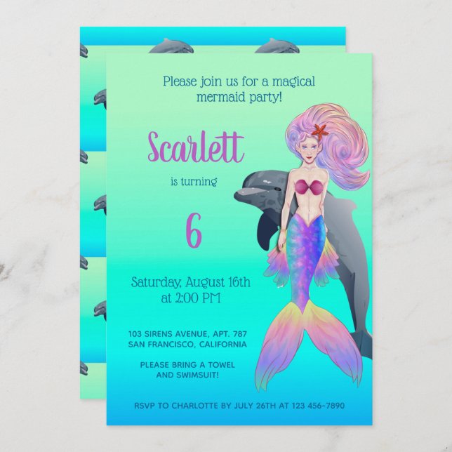 Little Mermaid with Rainbow Hair Birthday Invitation (Front/Back)