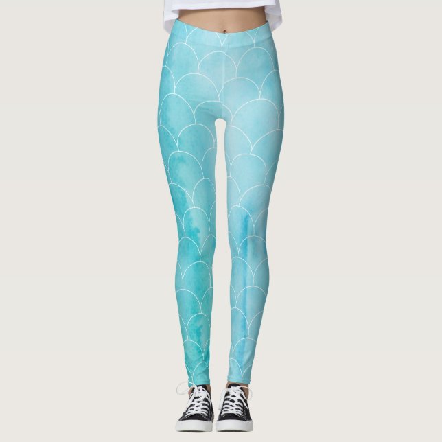 Little Mermaid Yoga Pants Fish Scales Blue Water (Front)