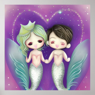 Little Mermaids cute girl boy in love Poster