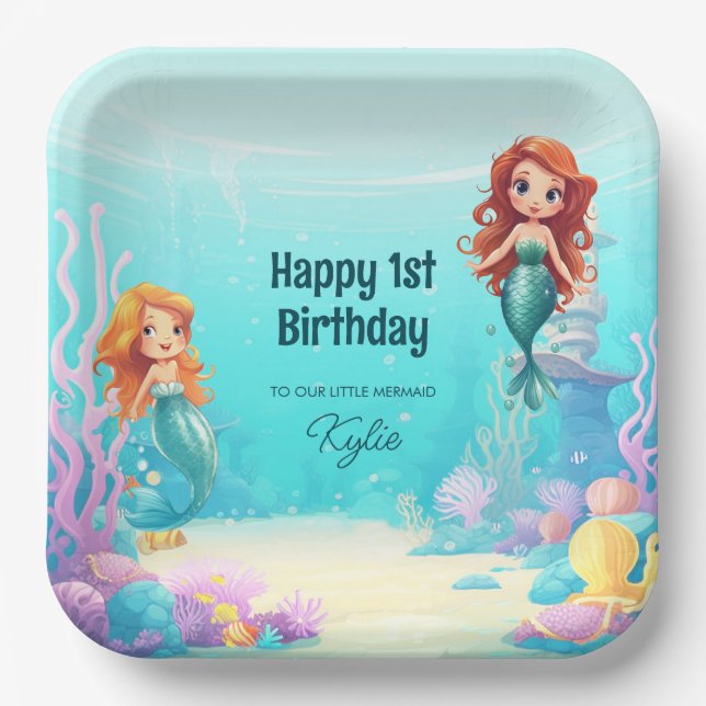 Little Mermaids Under the Sea Birthday Party Paper Plate (Front)
