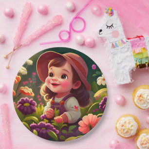 Little Minimalist Girl Garden Round Paper Plate