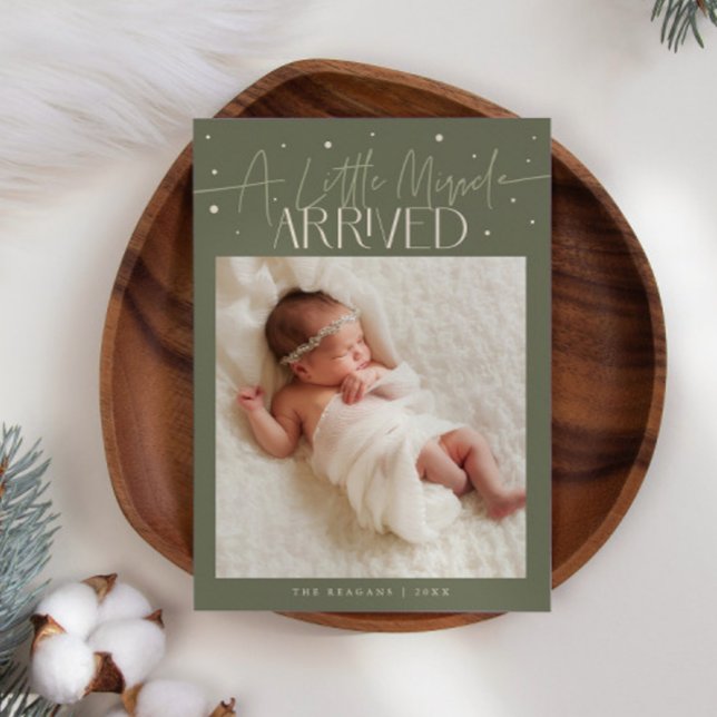Little Miracle Christmas Sage Green Photo Birth  Announcement (Creator Uploaded)