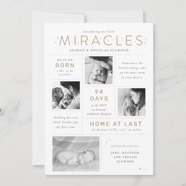 Little Miracles Twin Preemie NICU Infographic  Announcement (Front)