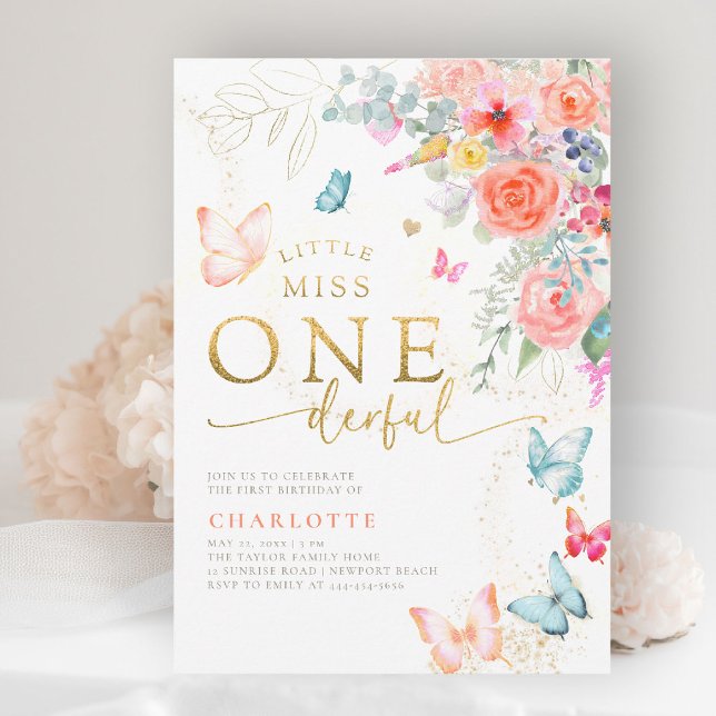 Little Miss Butterfly Girl 1st Birthday Party Invitation (little miss onederful girls 1st birthday invite pink garden floral  butterflies watercolor elegant)
