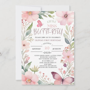 Little Miss butterfly Pink Floral 1st Birthday  Invitation