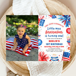 Little Miss Firecracker 4th of July 1st Birthday Invitation