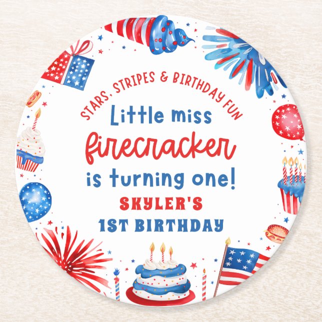 Little Miss Firecracker 4th of July 1st Birthday Round Paper Coaster (Front)