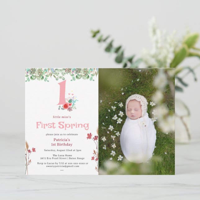Little Miss First Spring Floral 1st Birthday Photo Invitation (Standing Front)
