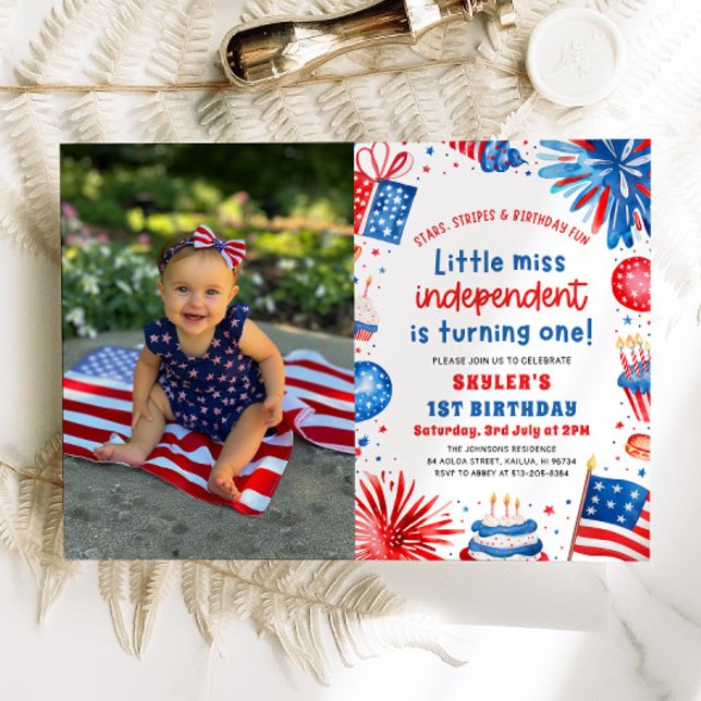 Little Miss Independent 4th of July 1st Birthday Invitation (Watercolor Fireworks Patriotic Little Miss Independent 4th of July Girl 1st Birthday Invitation)