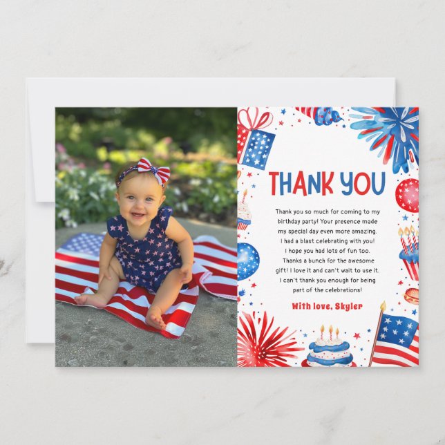 Little Miss Independent 4th Of July 1st Birthday Thank You Card (Front)