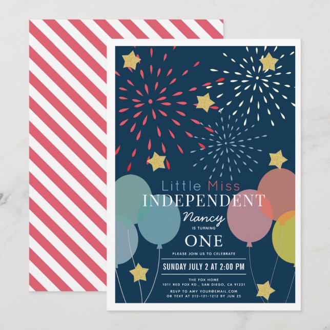 Little Miss Independent Fireworks Balloon Birthday Invitation (Front/Back)